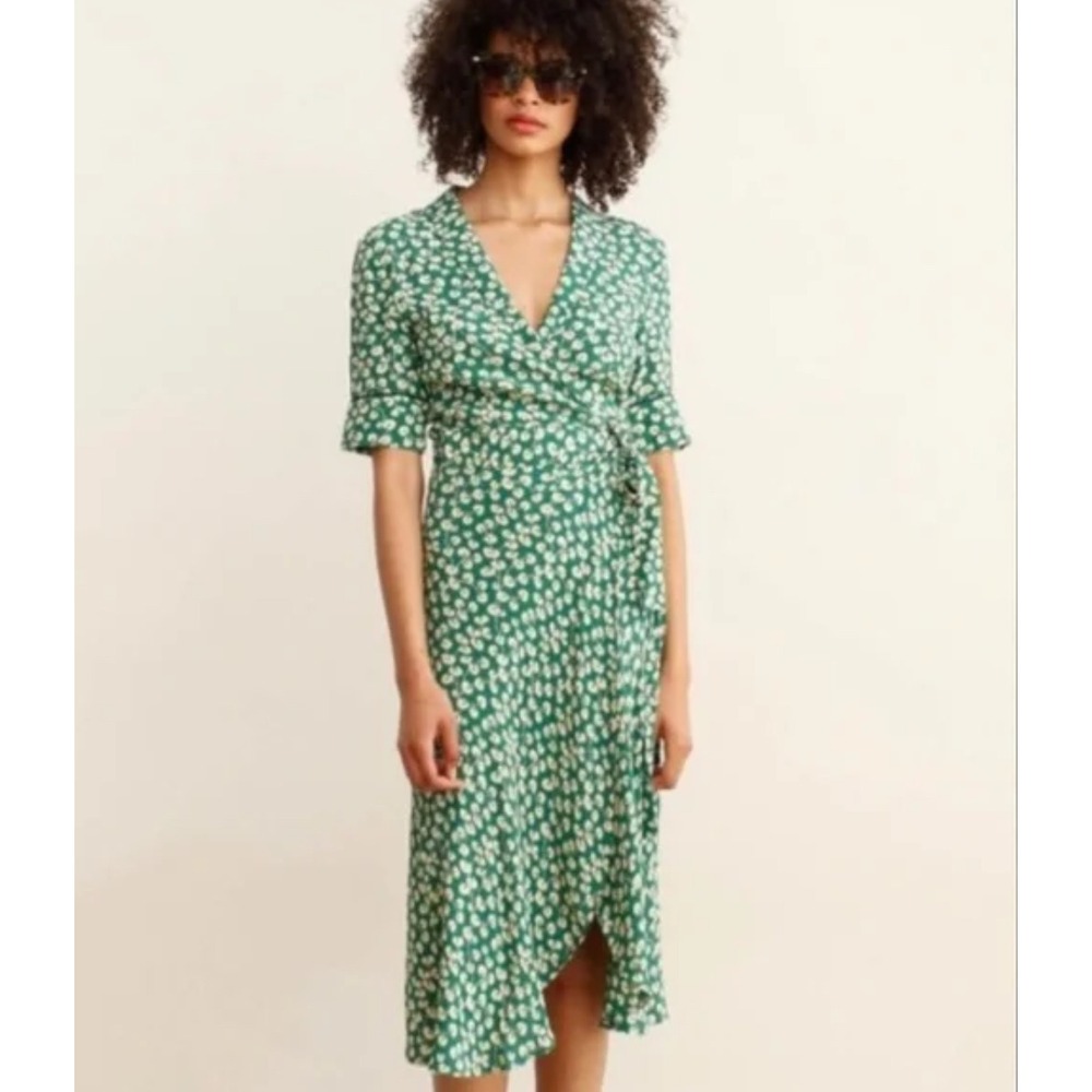 Ganni Womens Dalton Crepe Wrap Dress Sz 34/US 2 Green Floral Short Sleeve New